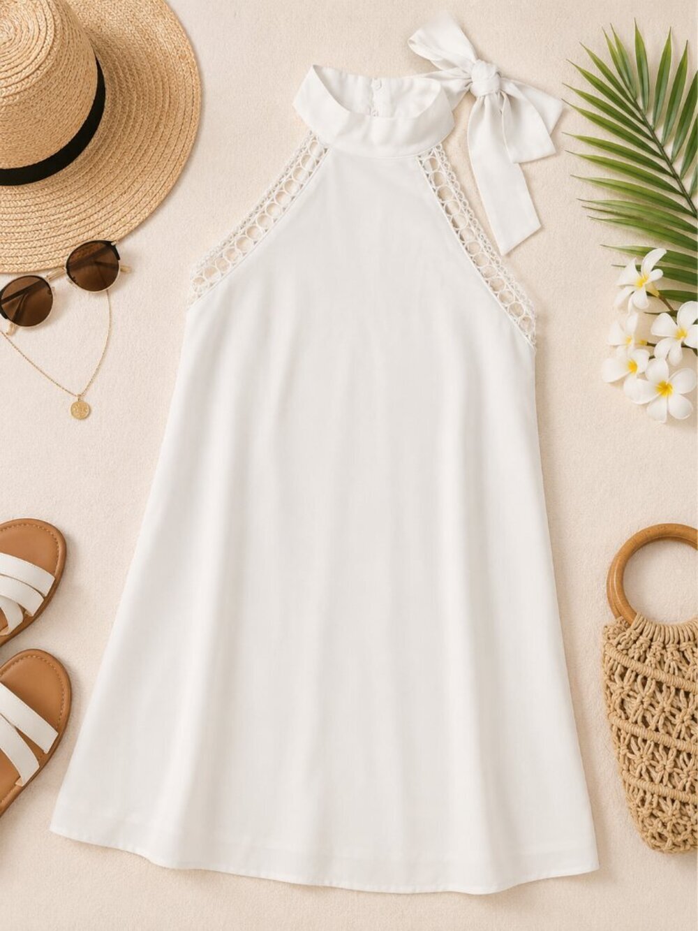 Cupshe White Halter Shift Dress Size Small NWT Lace Trim Mock Neck